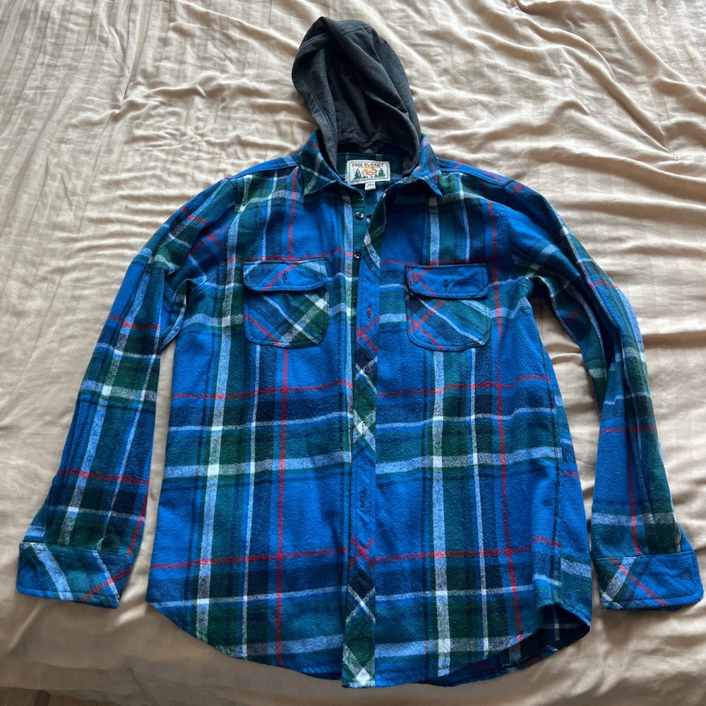 Free Planet Navy Blue Plaid Longsleeve Casual Button up Shirt w/ Hoodie